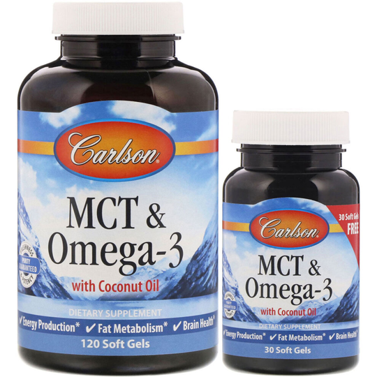 Carlson Labs MCT & Omega-3 | 120 + 30 Softgels | Metabolism Energy Booster