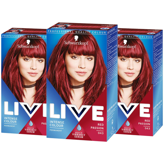 Schwarzkopf Live Intense Colour Permanent Hair Dye Red Passion Number 43 Set X 3