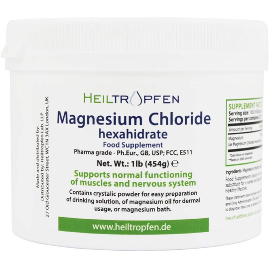 Magnesium Chloride 1 Pound - 454 g | Hexahydrate | Pharmaceutical Grade | Crystal Powder | Pure Ph. Eur, BP, USP, 100% Edible - Muscle Pain
