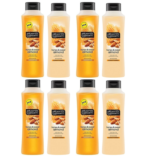 (4x Shampoo & 4x Conditioner - Honey & Sweet Almond) Alberto Balsam Hair Shampoo & Conditioner 350ml Bottle