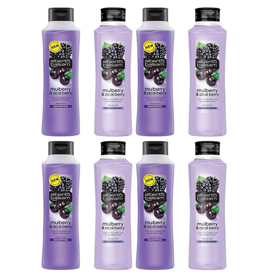 (4x Shampoo & 4x Conditioner - Mulberry & Acai Berry) Alberto Balsam Hair Shampoo & Conditioner 350ml Bottle