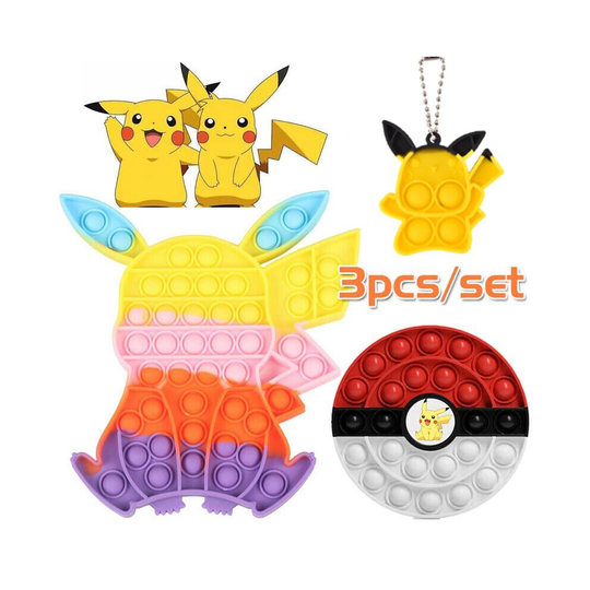 3 Pack Fidget Toys Set Pokemon Pikachu Sensory Bubble Popit ADHD Stress Relief